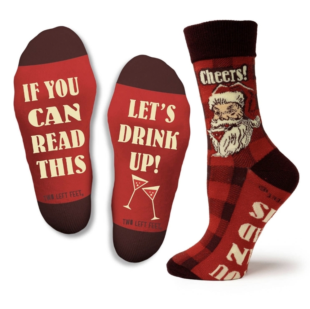 ❤️2/$12 NEW Two Left Feet Funny Santa “Let’s Drink Up” Big Feet Christmas Socks